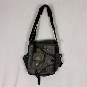 Diesel Vintage Multi Pocket Grey Leather and Canvas Cargo Messenger Crossbody Ba